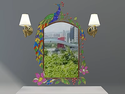 Decorative Peacock Mirror With Colorful Flowers Vines And Wall Lamps Reflecting City View Green Plants 3d model