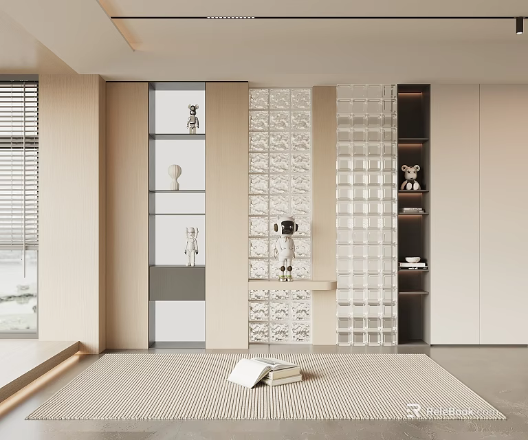 Modern Entryway Design with Glass Brick Partition Wooden Display Shelves and Striped Rug 3d model 