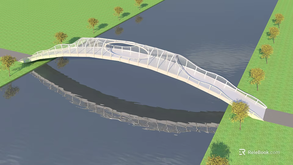 Modern Landscape Bridge Over Water With Green Grass And Tree Reflections 3d model