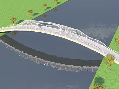 Modern Landscape Bridge Over Water With Green Grass And Tree Reflections 3d model