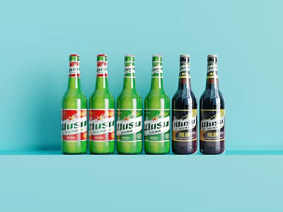 Six Green And Dark Brown Litus Labeled Beer Bottles Arranged On Light Blue Background 3d model