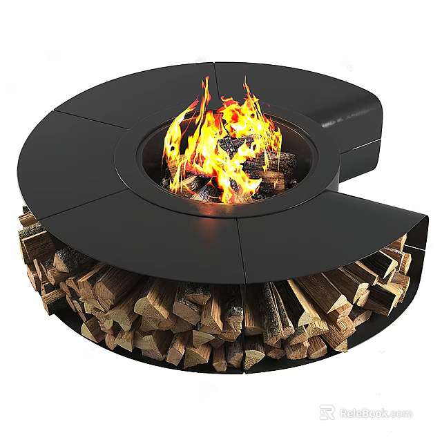 Stylish Modern Circular Fireplace with Burning Flames and Stacked Firewood 3d model 