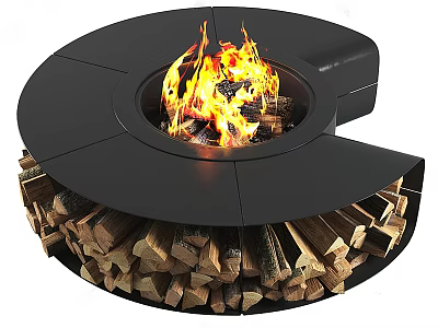 Stylish Modern Circular Fireplace with Burning Flames and Stacked Firewood 3d model