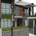 Modern Detached Villa Exterior Design With Wooden Glass Elements Stone Wall And Greenery
