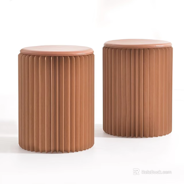 Two Modern Brown Pleated Leather Cylindrical Stools With Round Tops 3d model