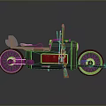 Showcase Retro Futuristic Motorcycle with Brown Seat Green Rims Black Body and Side Mounted Rifle
