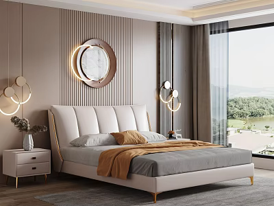 Modern Double Bed Interior With White Upholstered Headboard Gray Bedding And Round Mirror 3d model