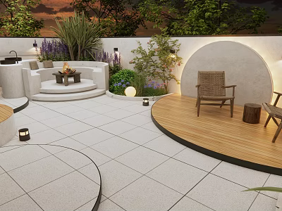 Courtyard Garden With White Tiled Flooring Wooden Deck Wicker Chairs Potted Plants And Ambient Lighting 3d model