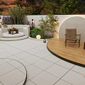 Courtyard Garden With White Tiled Flooring Wooden Deck Wicker Chairs Potted Plants And Ambient Lighting