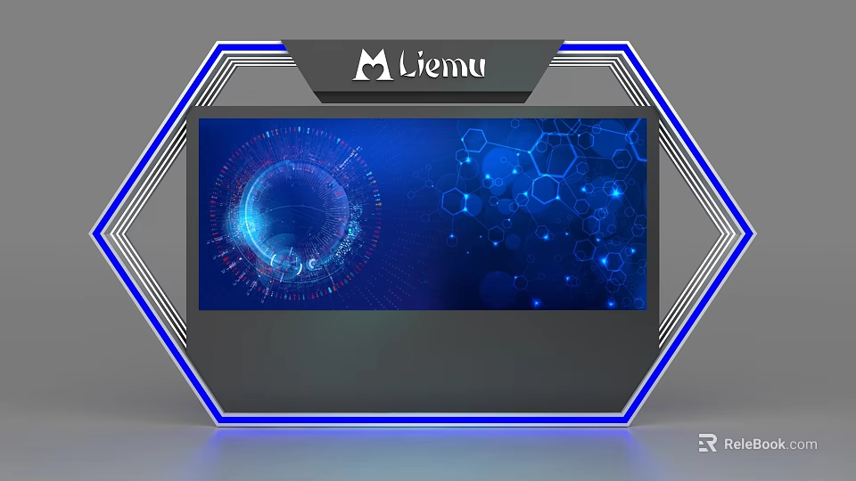 Liemu Logo Digital Background Wall With Blue Tech Screen And Hexagon Patterns 3d model 