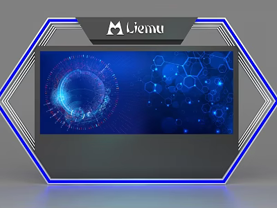 Liemu Logo Digital Background Wall With Blue Tech Screen And Hexagon Patterns 3d model