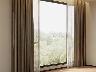 Brown Curtains With Sheer Panels And Green Trees View In Light Wooden Floor Room 3d model
