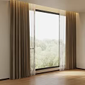 Brown Curtains With Sheer Panels And Green Trees View In Light Wooden Floor Room