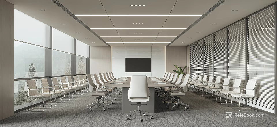 Modern Conference Room Interior With Long Table White Chairs And Large Screen 3d model