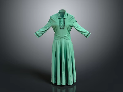 Elegant Green Long Dress With Stand Collar Black Trim And Pleated Skirt 3d model