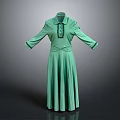 Elegant Green Long Dress With Stand Collar Black Trim And Pleated Skirt