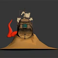 Cartoon Scene Tilted Wooden Sailboat With White Sails Red Flag And Anchor On Sandy Ground