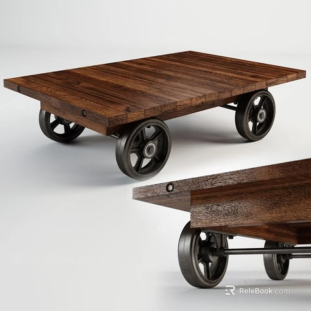 Rustic Wooden Coffee Table Design With Rolling Wheels And Platform Top 3d model 