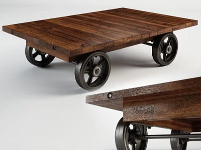 Rustic Wooden Coffee Table Design With Rolling Wheels And Platform Top 3d model