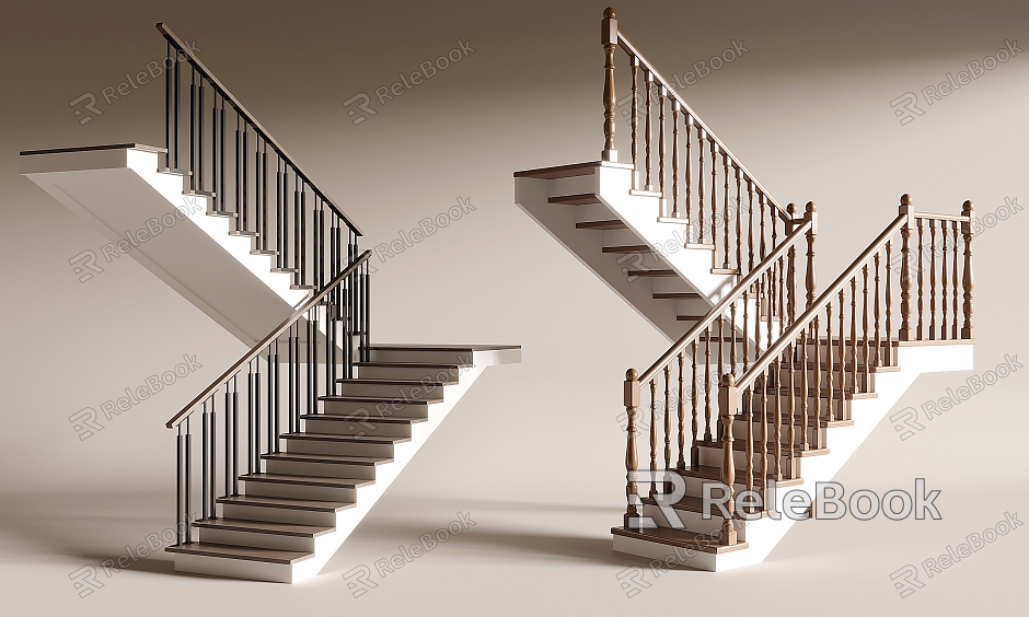 Modern Corner Stair Iron Stair Handrail Stair New Chinese Style Solid Wood Stair model