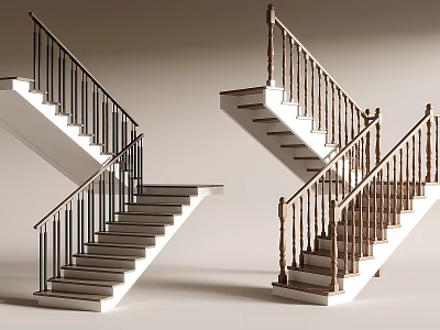 Modern Stairs Interior Design With Black And Brown Metal Handrails And White Steps 3d model