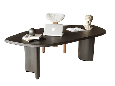 Modern Wooden Desk With Laptop Open Book Calculator Sphere Decoration Bust Sculpture And Chair 3d model
