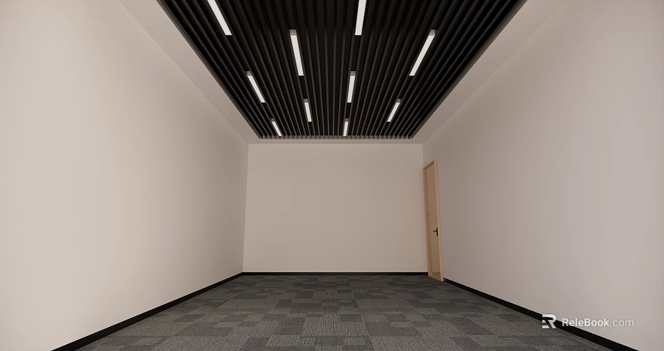Black Linear Suspended Ceiling With White Strip Lights In Empty Room 3d model 