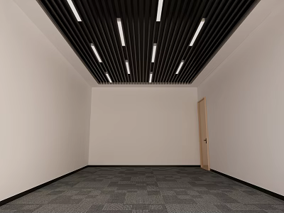 Black Linear Suspended Ceiling With White Strip Lights In Empty Room 3d model