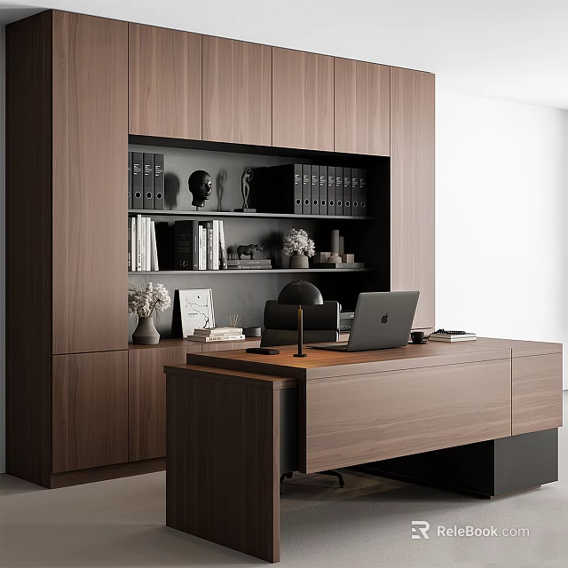 Modern Study Room Interior Design With Wooden Bookcase Desk Laptop Books And Decorations 3d model 