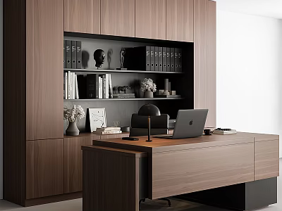Modern Study Room Interior Design With Wooden Bookcase Desk Laptop Books And Decorations 3d model