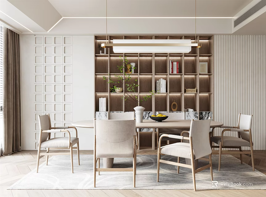 Modern Restaurant Interior With Dining Table Chairs Wooden Shelving And Pendant Lights 3d model 