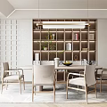 Modern Restaurant Interior With Dining Table Chairs Wooden Shelving And Pendant Lights