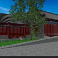 Ancient Architecture Exterior With Red Doors Windows Gray Roof Green Trees And Blue Sky