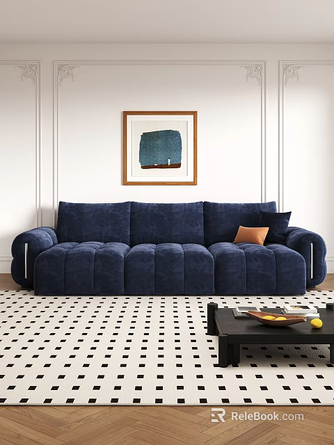 Navy Blue Velvet Three Seater Sofa with Orange Accent Pillows and Abstract Wall Art 3d model 