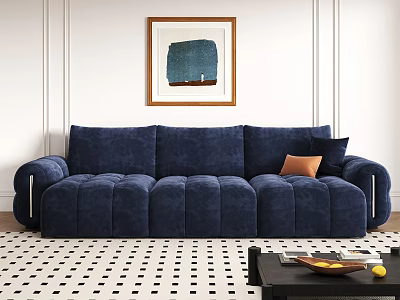 Navy Blue Velvet Three Seater Sofa with Orange Accent Pillows and Abstract Wall Art 3d model