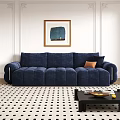 Navy Blue Velvet Three Seater Sofa with Orange Accent Pillows and Abstract Wall Art