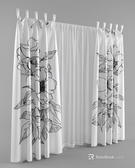 White Curtains With Black Floral Pattern For Home Interior Decoration 3d model 