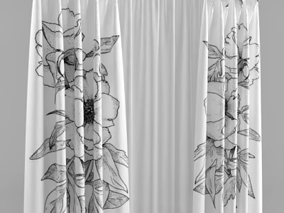 White Curtains With Black Floral Pattern For Home Interior Decoration 3d model