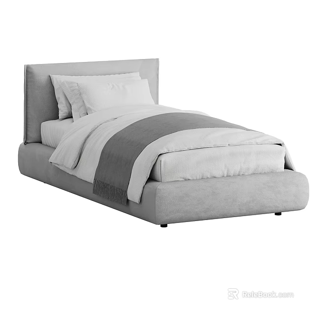 Modern Minimalist Single Bed With Upholstered Gray Headboard White Pillows And Gray Striped Blanket 3d model 