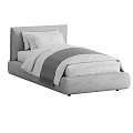 Modern Minimalist Single Bed With Upholstered Gray Headboard White Pillows And Gray Striped Blanket