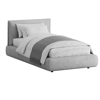 Modern Minimalist Single Bed With Upholstered Gray Headboard White Pillows And Gray Striped Blanket 3d model