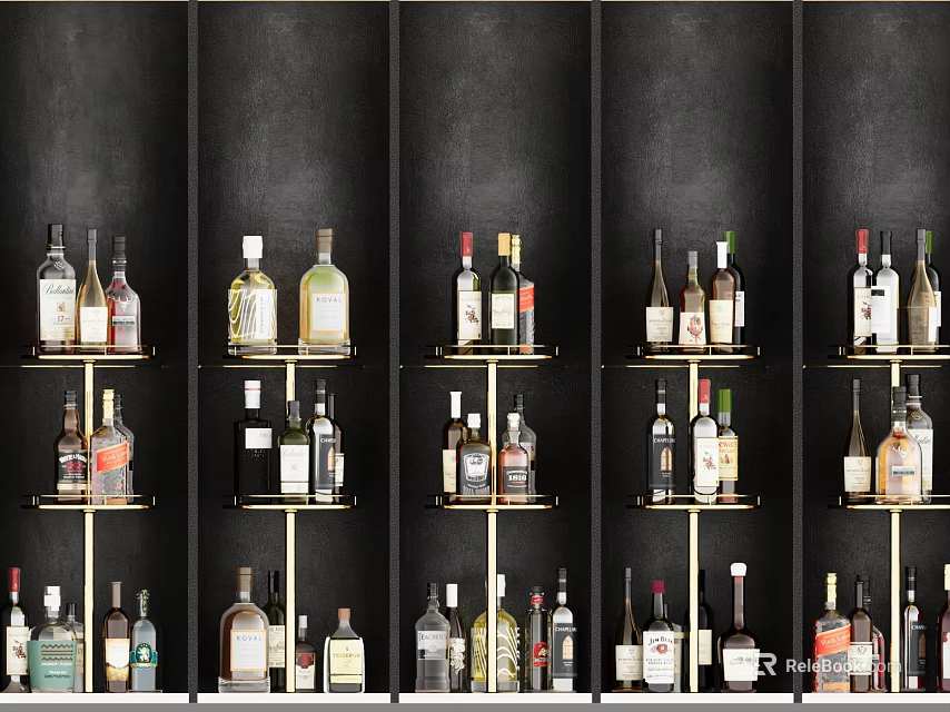 Stylish Wine Bottles and Glasses Display on Golden Shelves Against Black Wall 3d model 