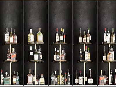 Stylish Wine Bottles and Glasses Display on Golden Shelves Against Black Wall 3d model