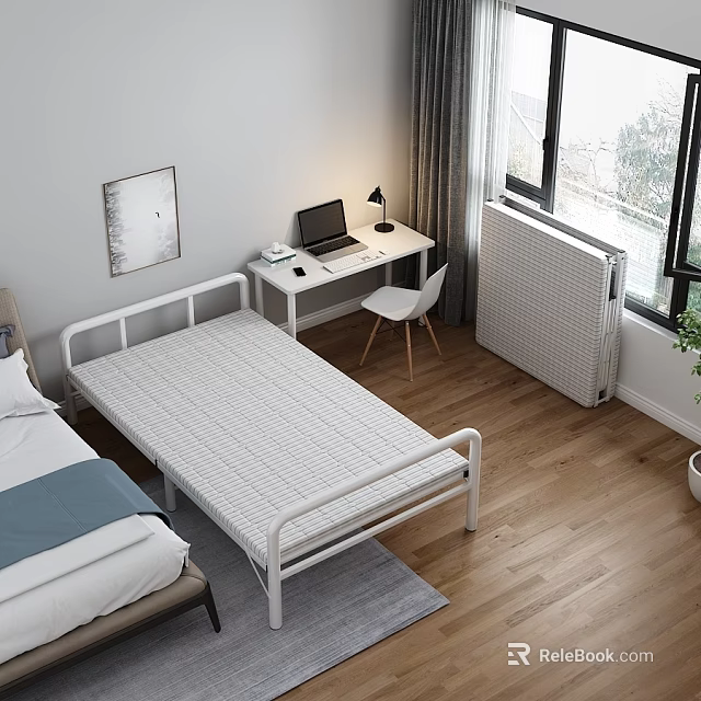 Simple White Frame Double Bed in Modern Bedroom with Desk Laptop Lamp and Wooden Floor 3d model 