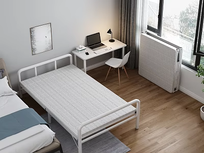 Simple White Frame Double Bed in Modern Bedroom with Desk Laptop Lamp and Wooden Floor 3d model
