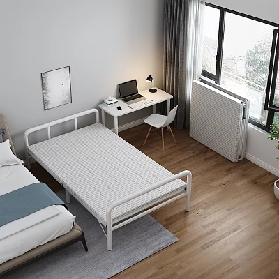 Simple White Frame Double Bed in Modern Bedroom with Desk Laptop Lamp and Wooden Floor 3d model