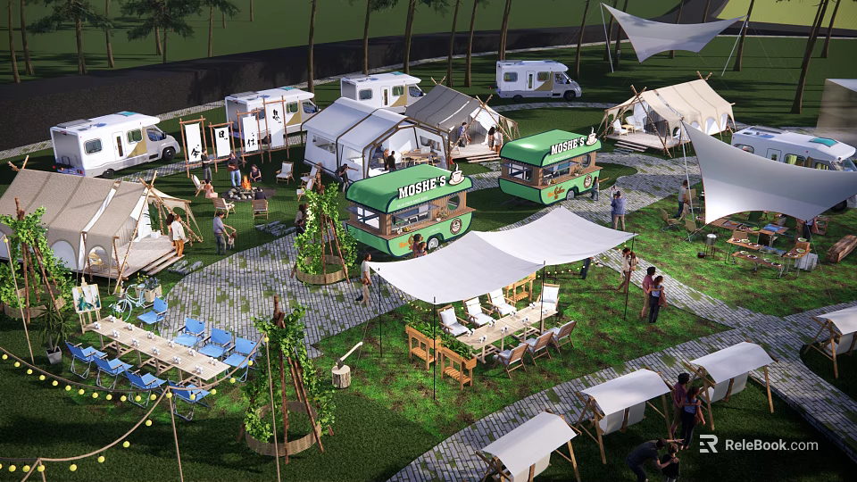 Scenic Campsite with RVs Tents Food Trucks and People Enjoying Outdoor Activities 3d model 