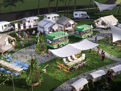 Scenic Campsite with RVs Tents Food Trucks and People Enjoying Outdoor Activities 3d model