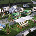 Scenic Campsite with RVs Tents Food Trucks and People Enjoying Outdoor Activities