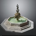 Elaborate Fountain Architecture With Octagonal Base Multi-tiered Steps Ornate Carvings And Statue